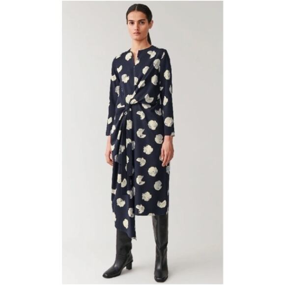 Womens COS Cotton Blend Navy Blue Floral Printed Asymmetric Wrap Midi Dress sz 6 - Picture 1 of 4
